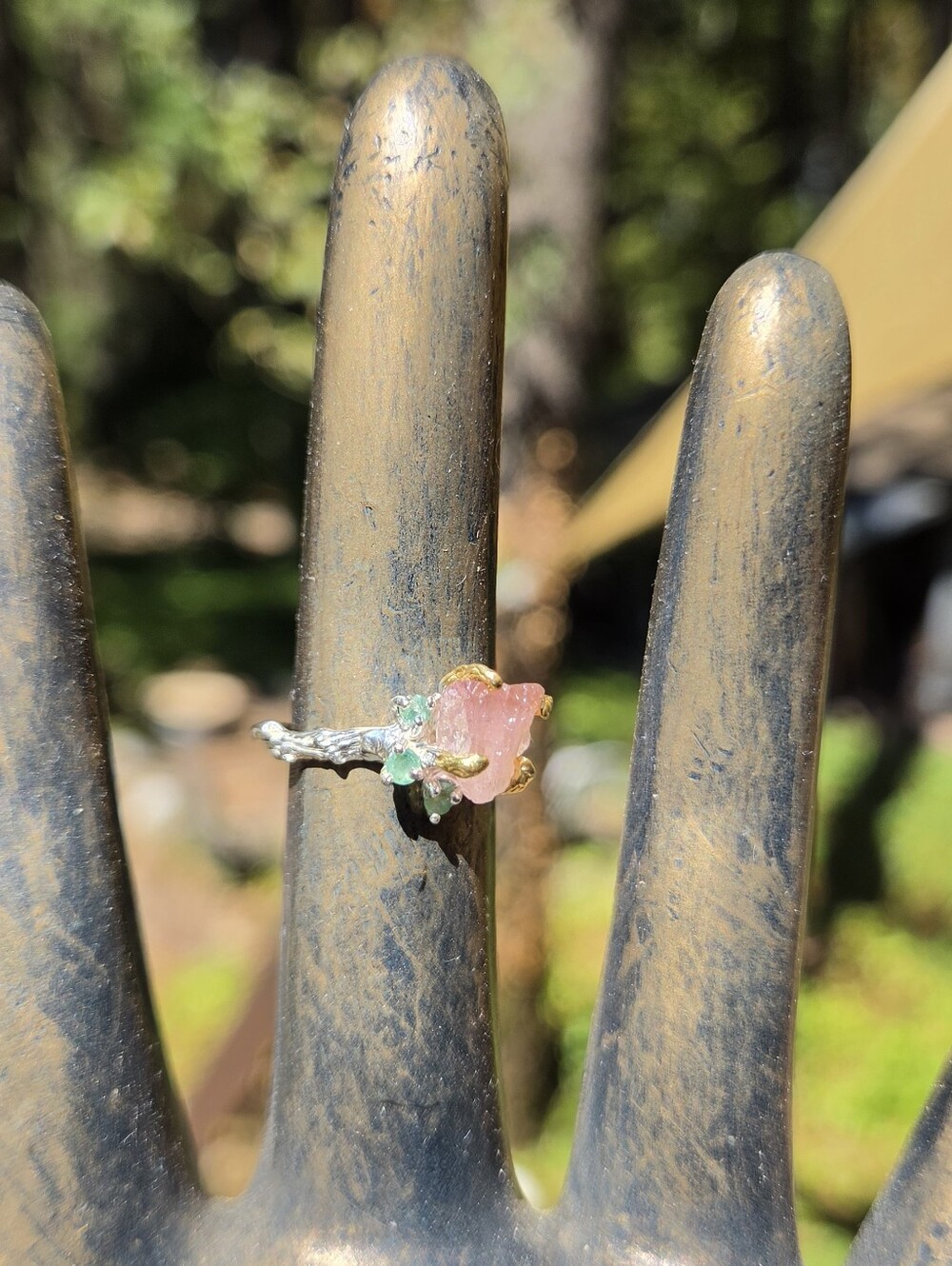 Raspberry Tourmaline & Emerald Sterling & Gold Rind Sz6.5 - Picture 5 of 8